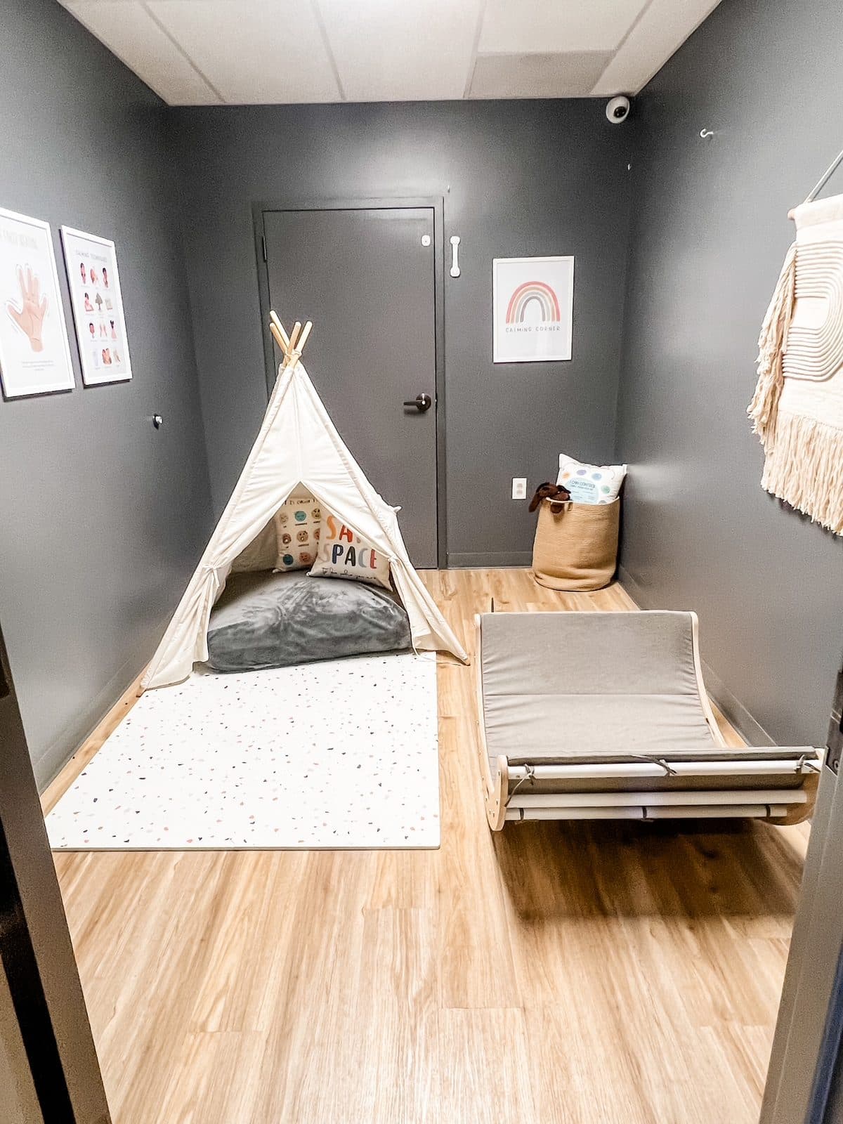 Teepee and soft seating in the calm room at Latitude's Bridgeton ABA center